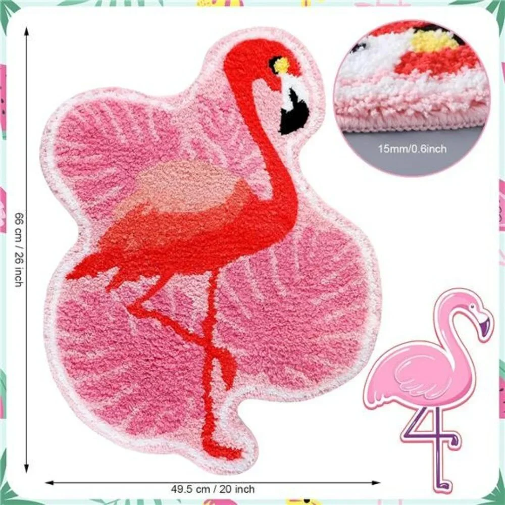 Pink Flamingo Palm Bath Mat Tropical Tufted Non Slip Bathroom Rug Soft Floor Dec